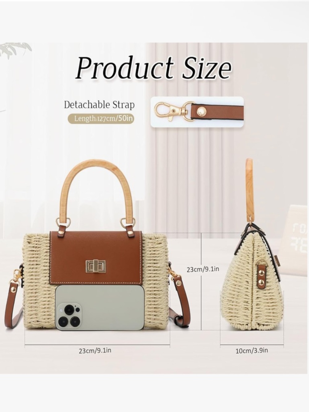 Woven Straw Crossbody with Brown Leather Flap and Top Handle - Picture 5 of 7
